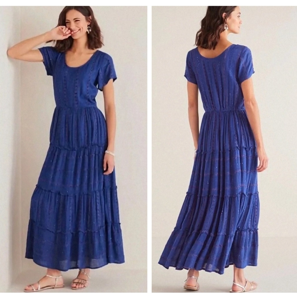 NWT Soft Surroundings Dress 3X Kara Shimmer Maxi Blue Sequin Tiered Lined - Picture 2 of 10